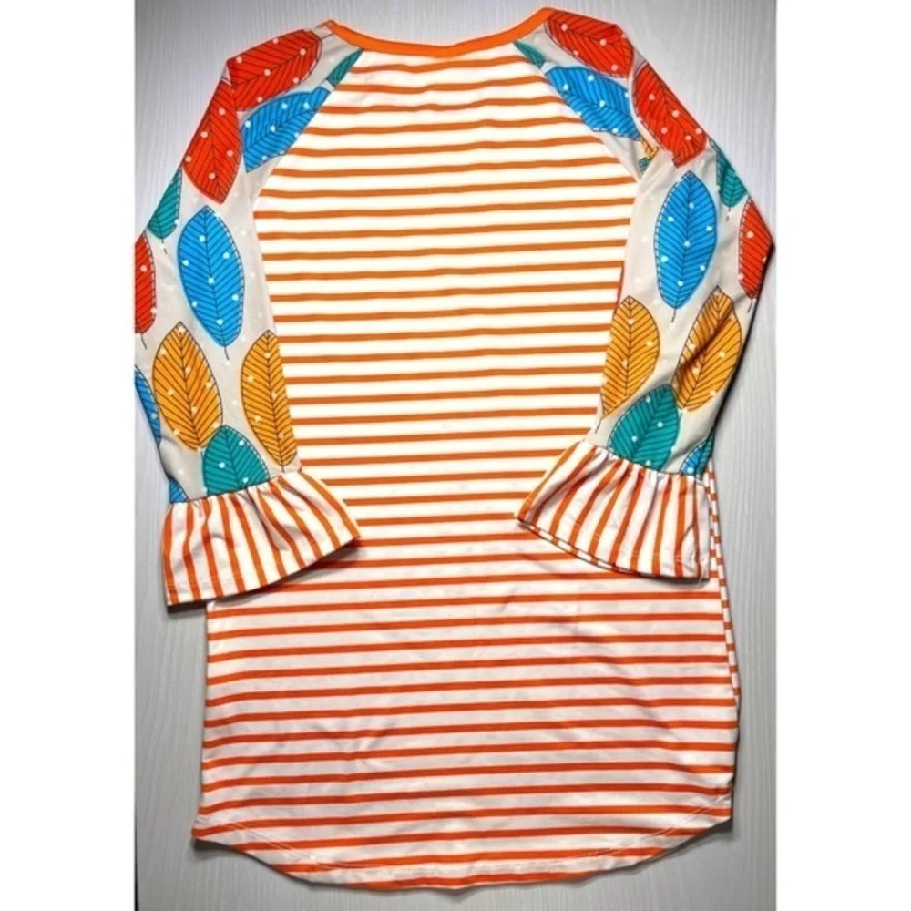 Penelope Plumm Turkey Fall Leaf Thanksgiving Stripe Bell Sleeve Boho Girls Dress